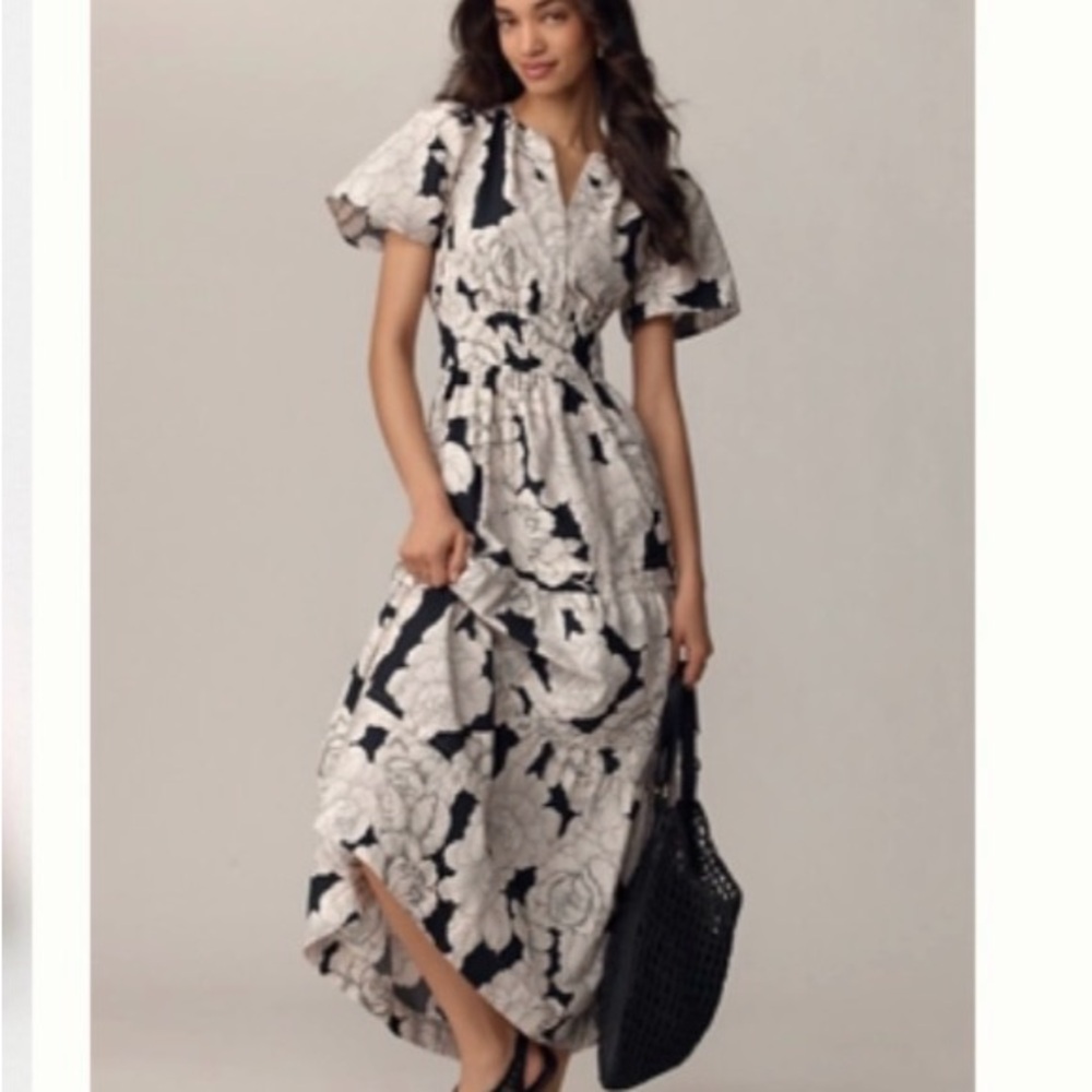 Anthropologie Somerset Tiered Maxi Dress Cotton Black White Peonies Floral PXL